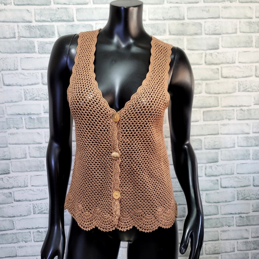 Vintage 90s Does 70s Islandโ Spice M Crochet Knit Vest Top Buttons Hippie Boho